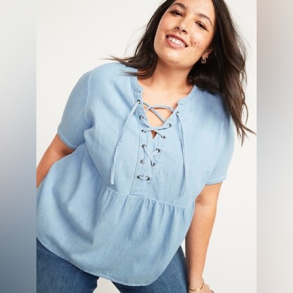 Old Navy Lace Up Peplum Chambray Top - Picture 2 of 6